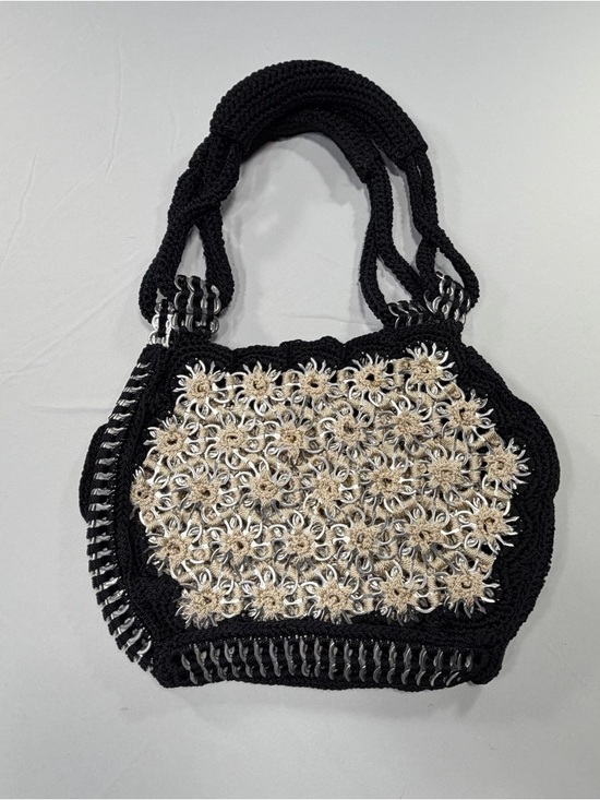 Hand Crafted Handbags - Upcycled Pop Soda Tab Crochet Shoulder Bag Black Cream Handmade Boho Festival
